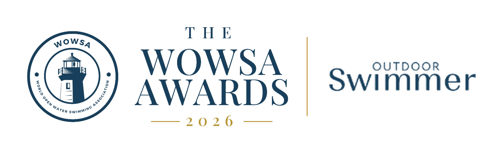 The WOWSA Awards 2026 × Outdoor Swimmer — Awards × Outdoor Swimmer lockup — side by side, navy