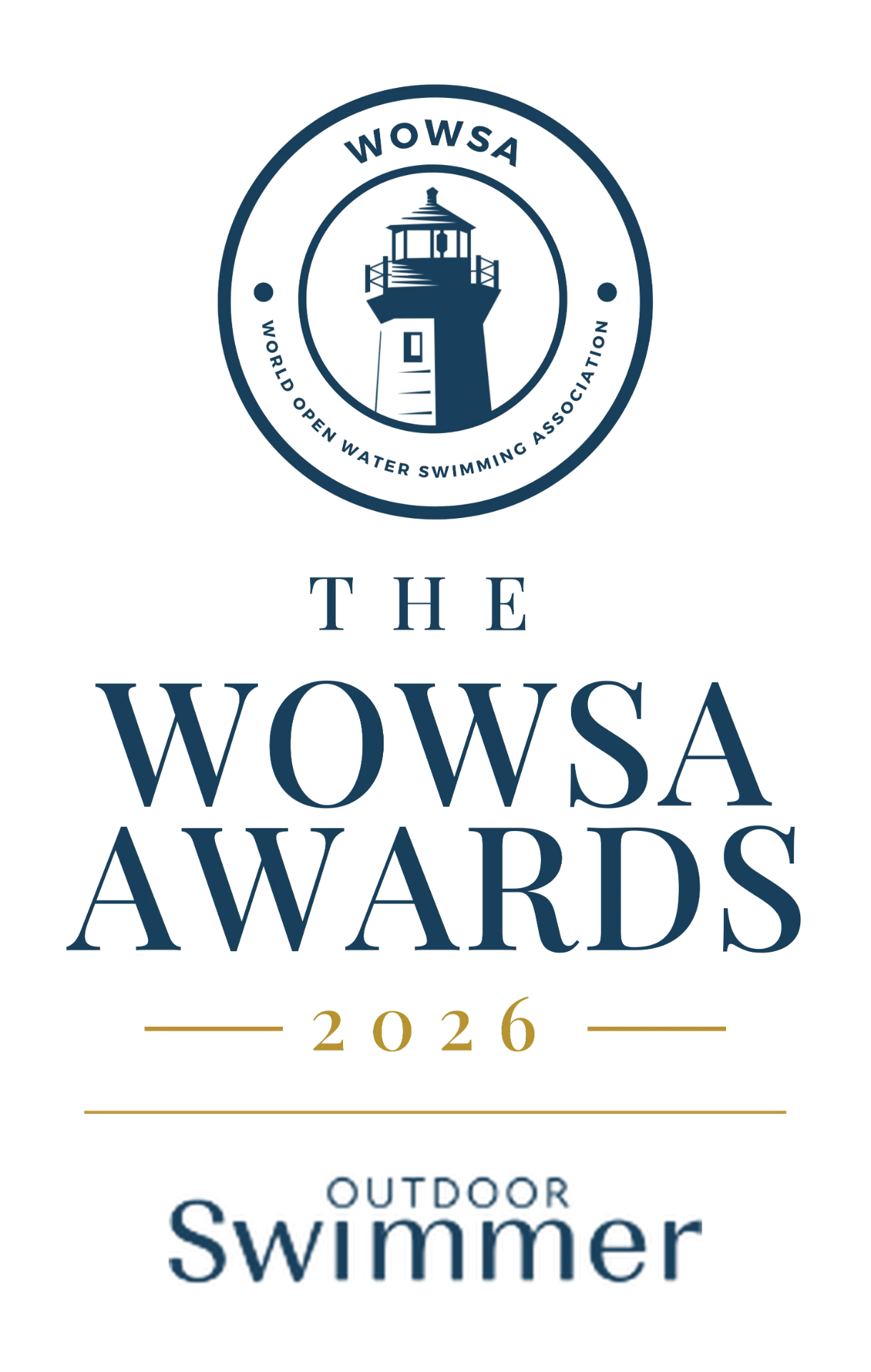 The WOWSA Awards 2026 × Outdoor Swimmer — Awards × Outdoor Swimmer lockup — stacked, navy